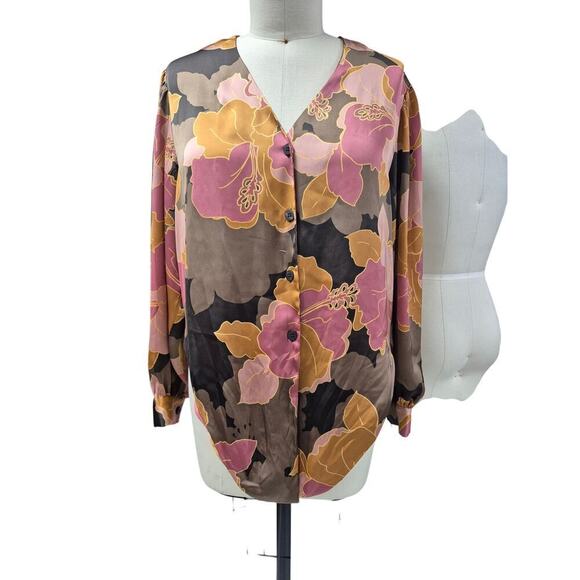 NWOT DR2 Romantic Satin Floral Blouse Tie Waist Button Down Balloon Sleeve Sz L - Picture 2 of 7